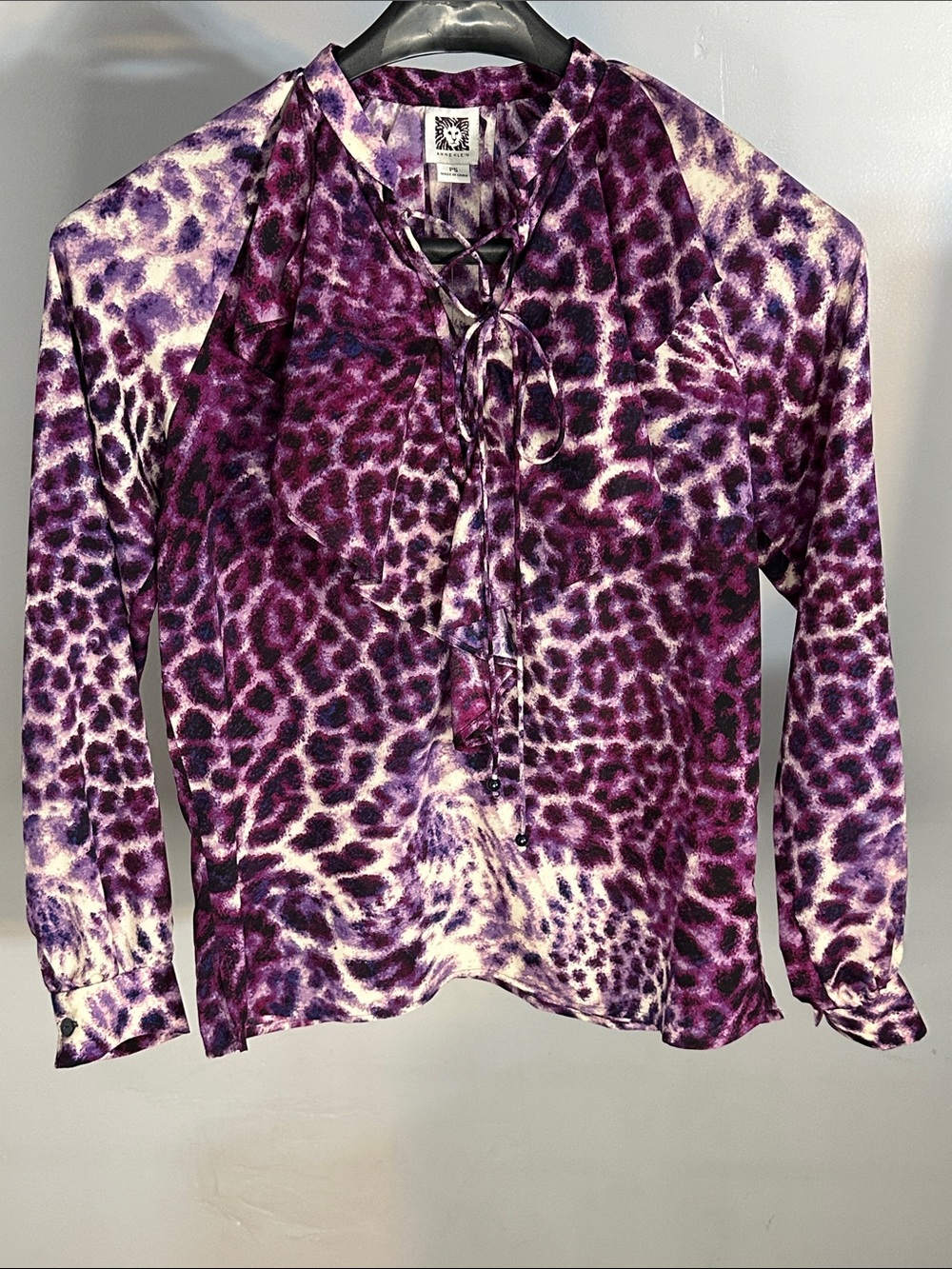 Anne Klein Purple Animal-Print Tie-Neck Blouse